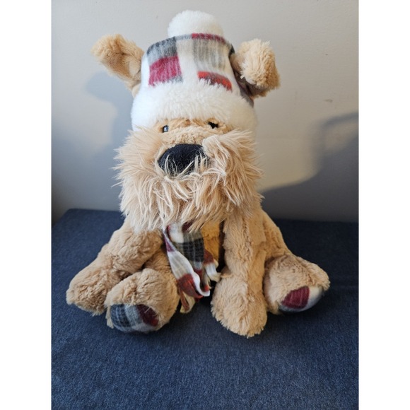 Gentle Treasures Other - Gentle Treasures Terrier Dog Plush Weighted Brown Sitting Plaid Hat Scarf Feet‎